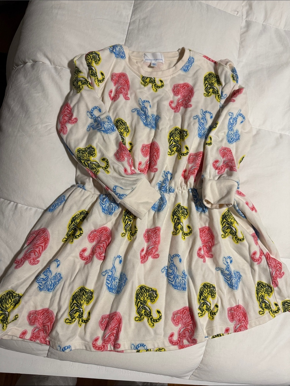 Girls Cream Long-Sleeve Dress with Colorful Tiger Print